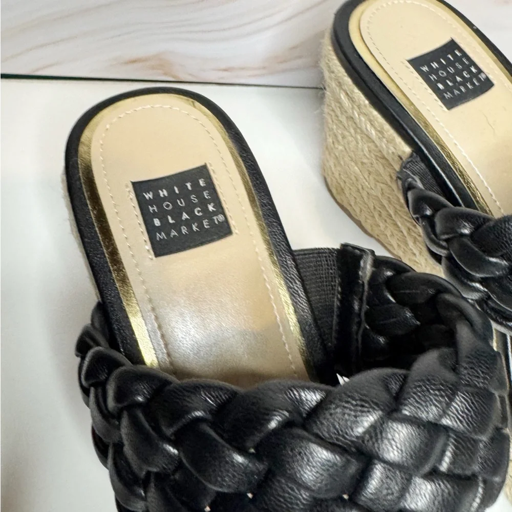 White House Black Market Black Braided Wedge Sandals Espadrille Platform 8
